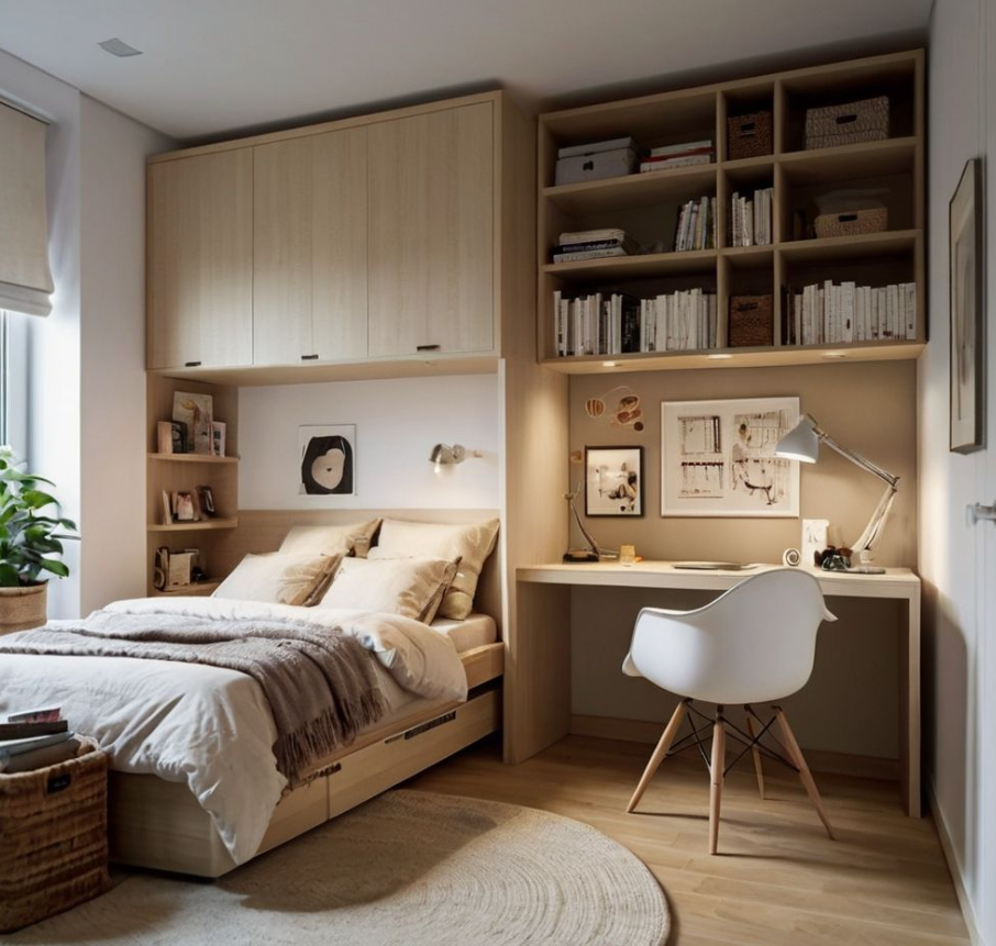 petite chambre optimisée avec des rangements en hauteur