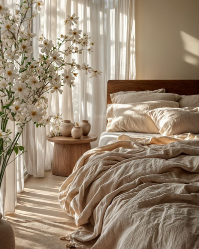 chambre couleurs naturelles et rideaux fins