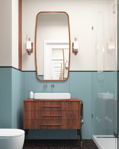 petite salle de bain bleu et bois foncé
