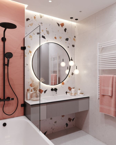 petite salle de bain - grands carreaux carrelage terrazzo et rose